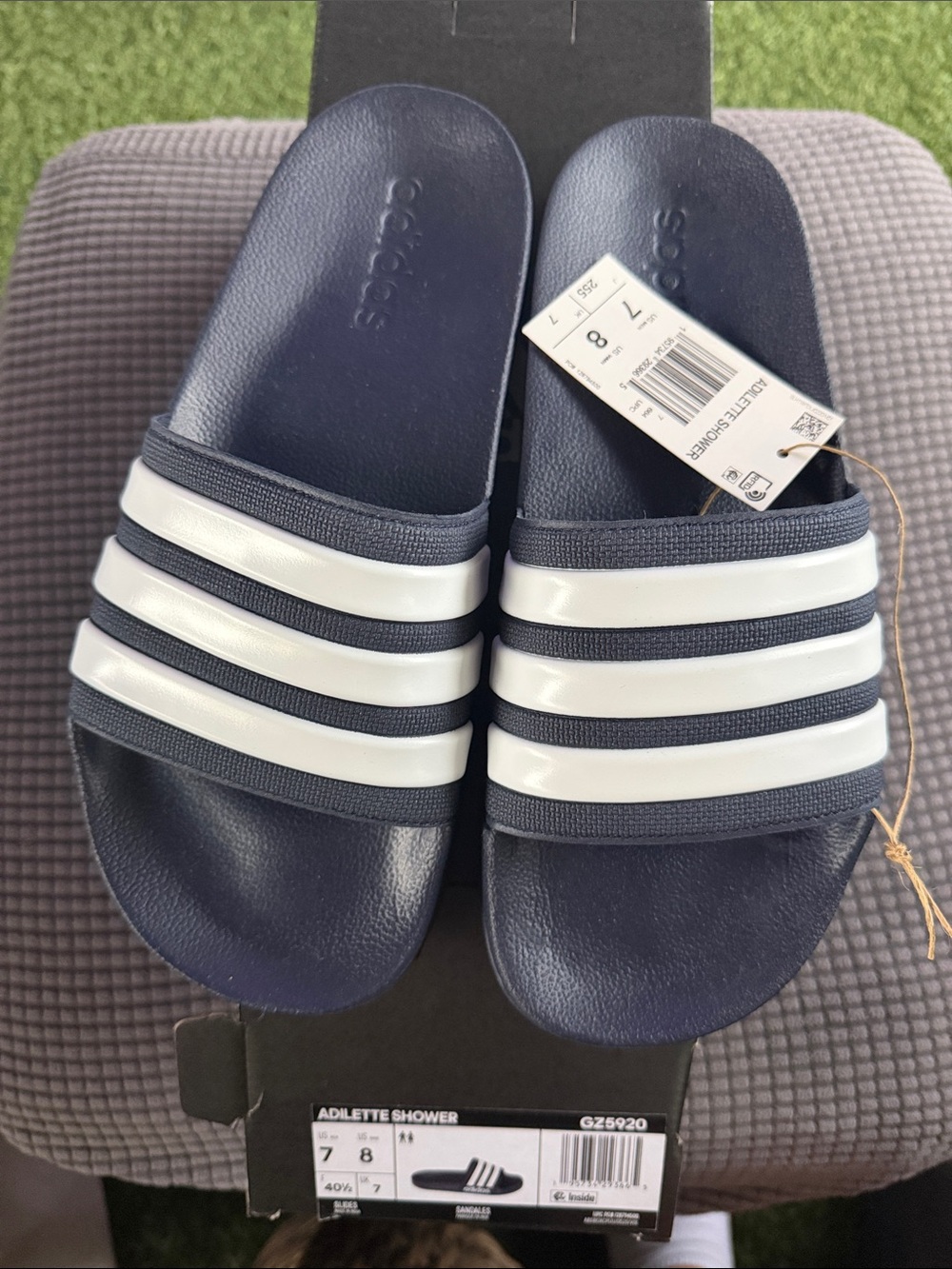 adidas Navy and White Slide Sandals - Three-Stripe Design